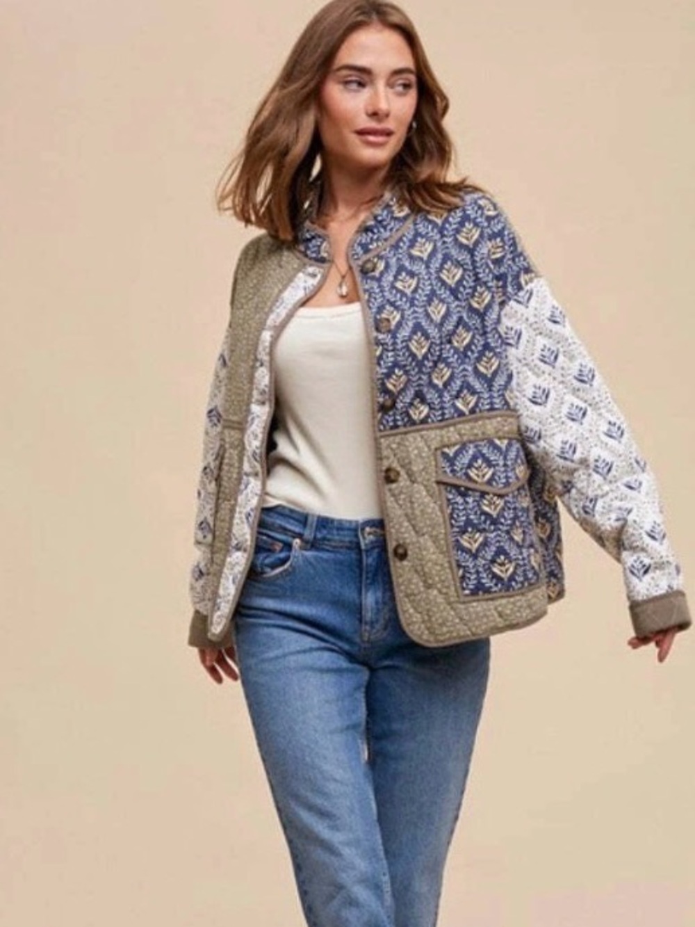In Loom Patchwork Floral Print Quilted Jacket Navy White Olive Small